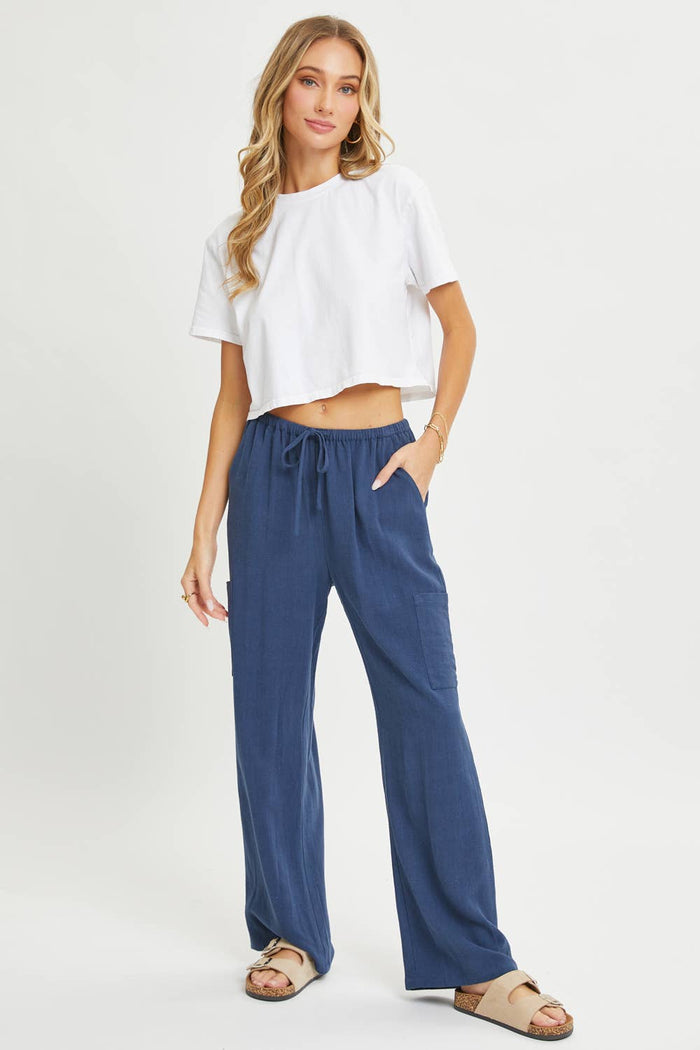 Linen Pull On Pants in Blue