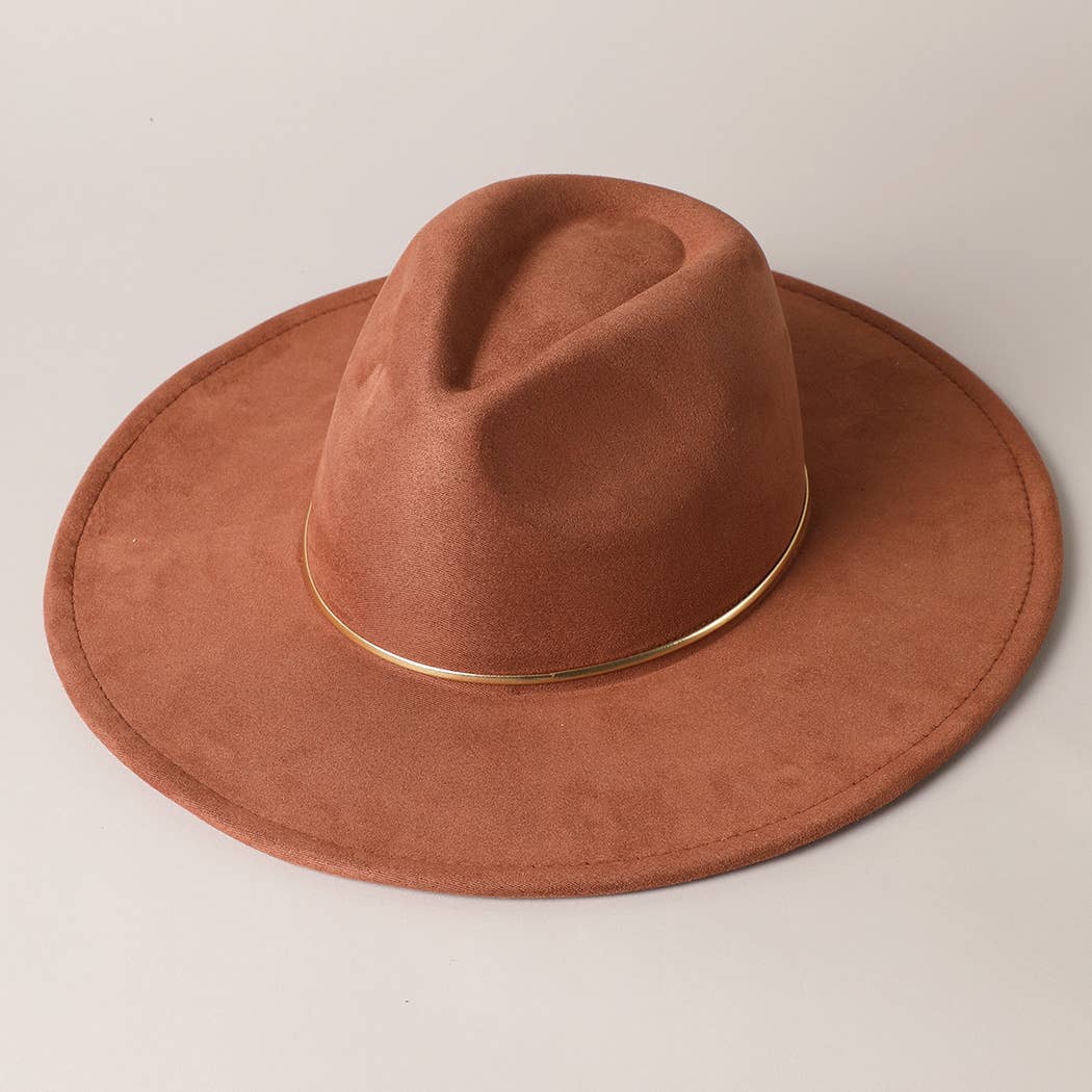 Gold Belt Wide Flat Brim Suede Fedora Hat in Brown