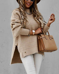 Slouchy Slit Hem Knit Pullover in Khaki