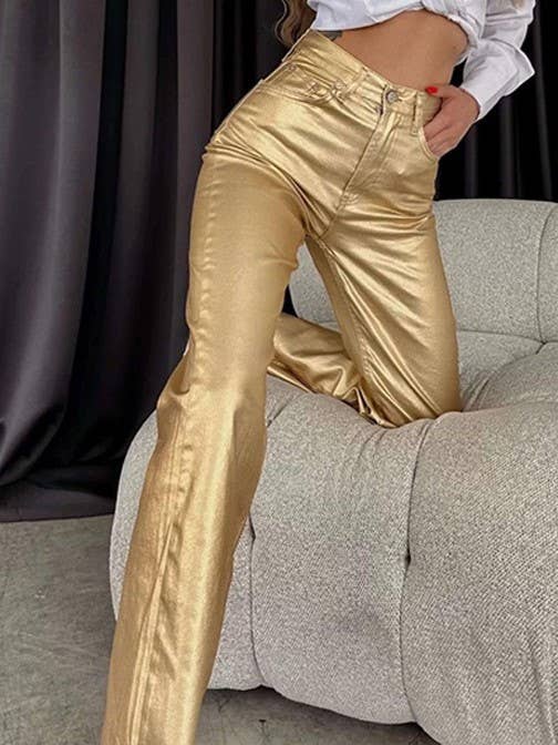 Metallic High Rise Pant in Gold