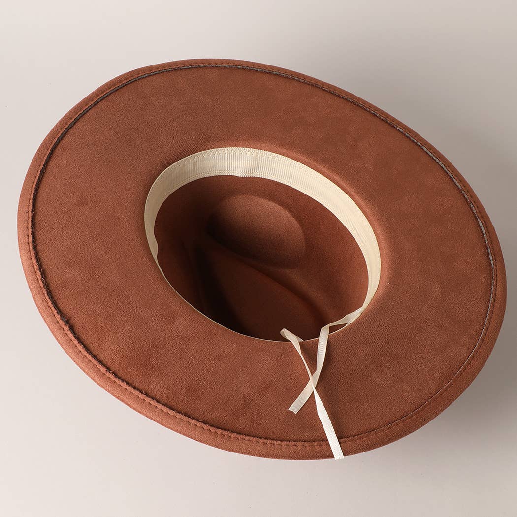 Gold Belt Wide Flat Brim Suede Fedora Hat in Brown