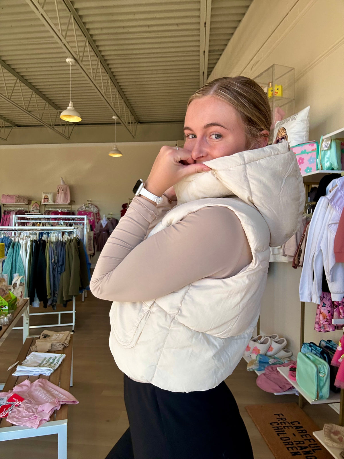 Hooded Zip Up Mini Vest in Cream