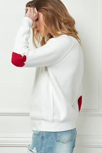 Heart Elbow Patch Knit Sweater in White