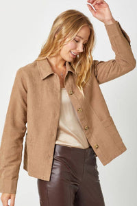 Suede Button Down Shacket in Latte