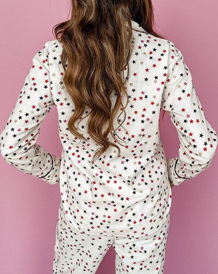 Star Long Sleeve and Pants Pajama Set in White