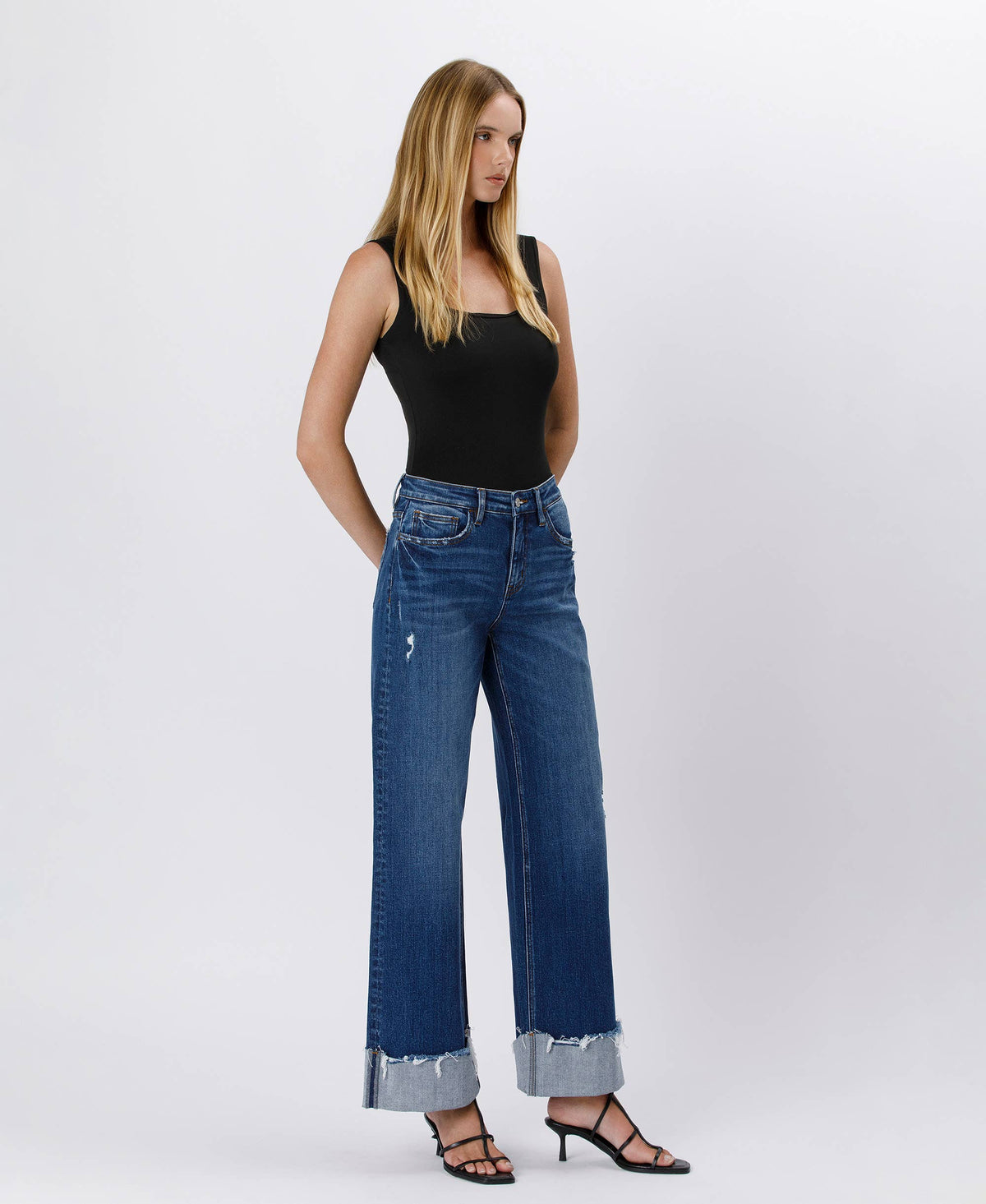 High Rise Cuffed Baggy Jeans in Blue Stream