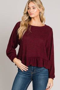 Ruffle Hem Rib Knit Top in Burgundy