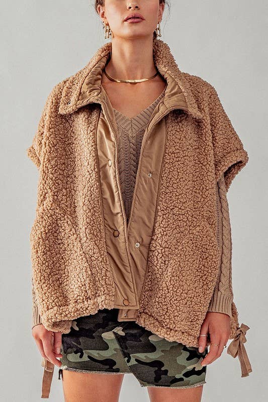 Button Up Teddy Fleece Vest in Taupe