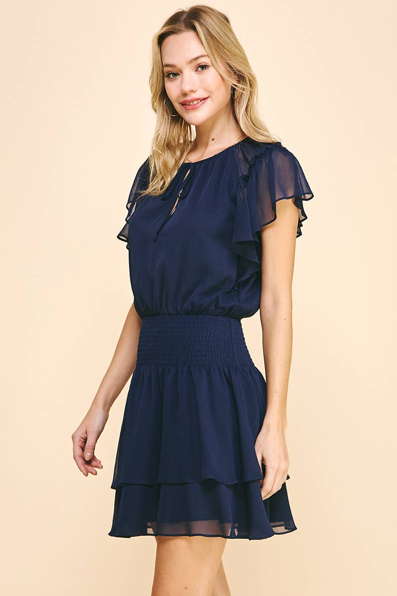 Chiffon Short Sleeve Mini Dress in Navy