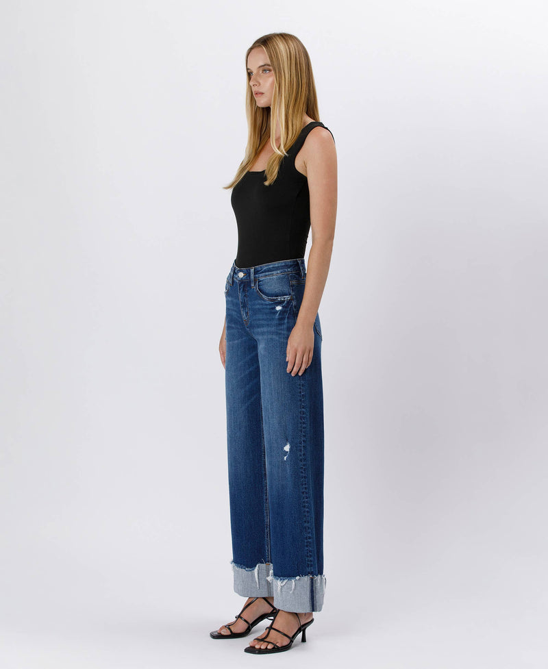 High Rise Cuffed Baggy Jeans in Blue Stream