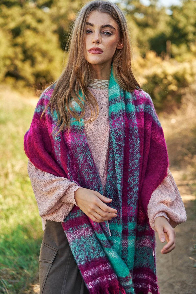 Magenta Mint Fuzzy Plaid Long Wrap Scarf