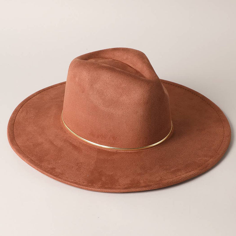 Gold Belt Wide Flat Brim Suede Fedora Hat in Brown