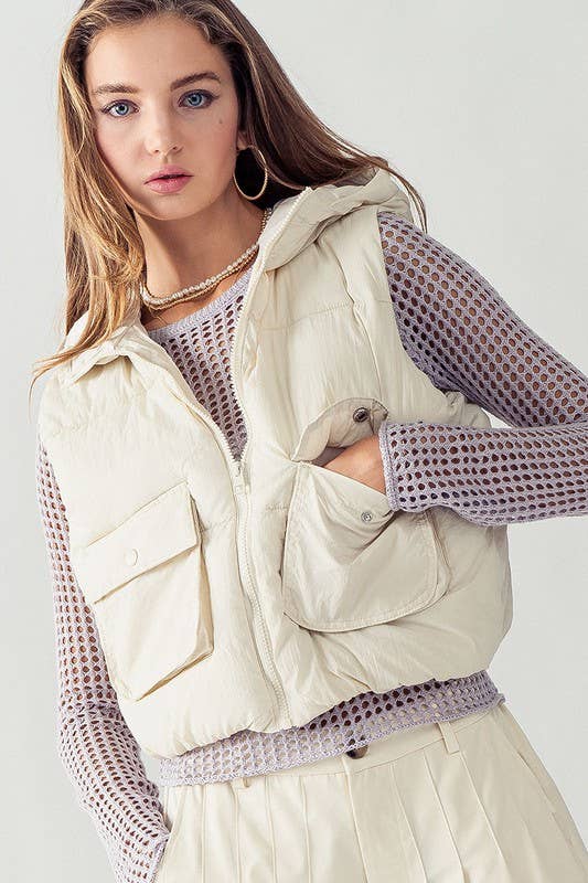 Hooded Zip Up Mini Vest in Cream