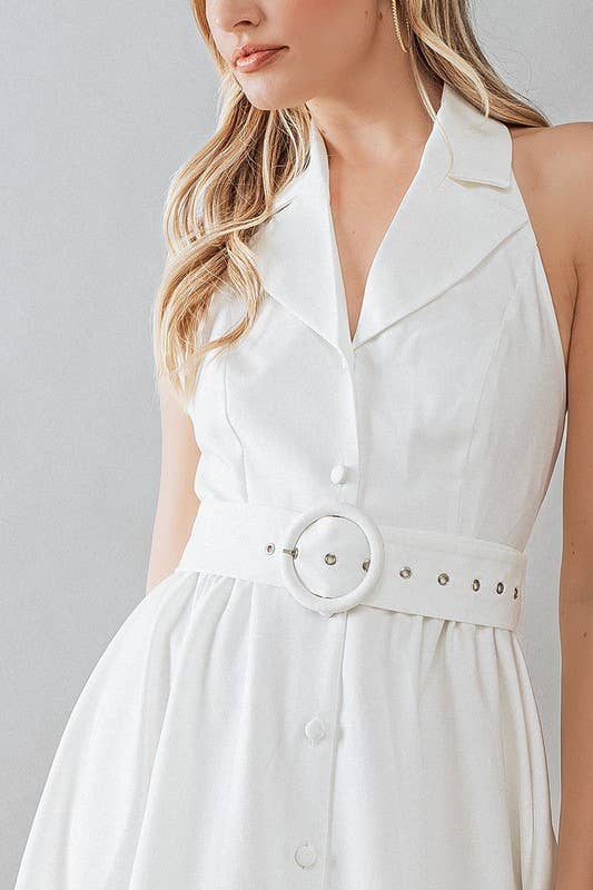 Halter Neck Button-Down Mini Dress in White