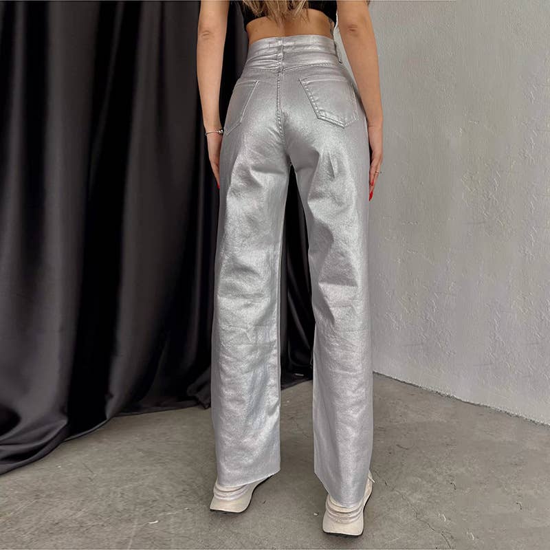 Metallic High Rise Pant in Silver