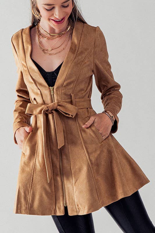 Soft Suede Tie Waist Jacket in Camel