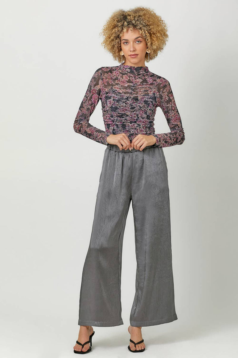 Crinkle Satin Pull-On Pants in Charcoal