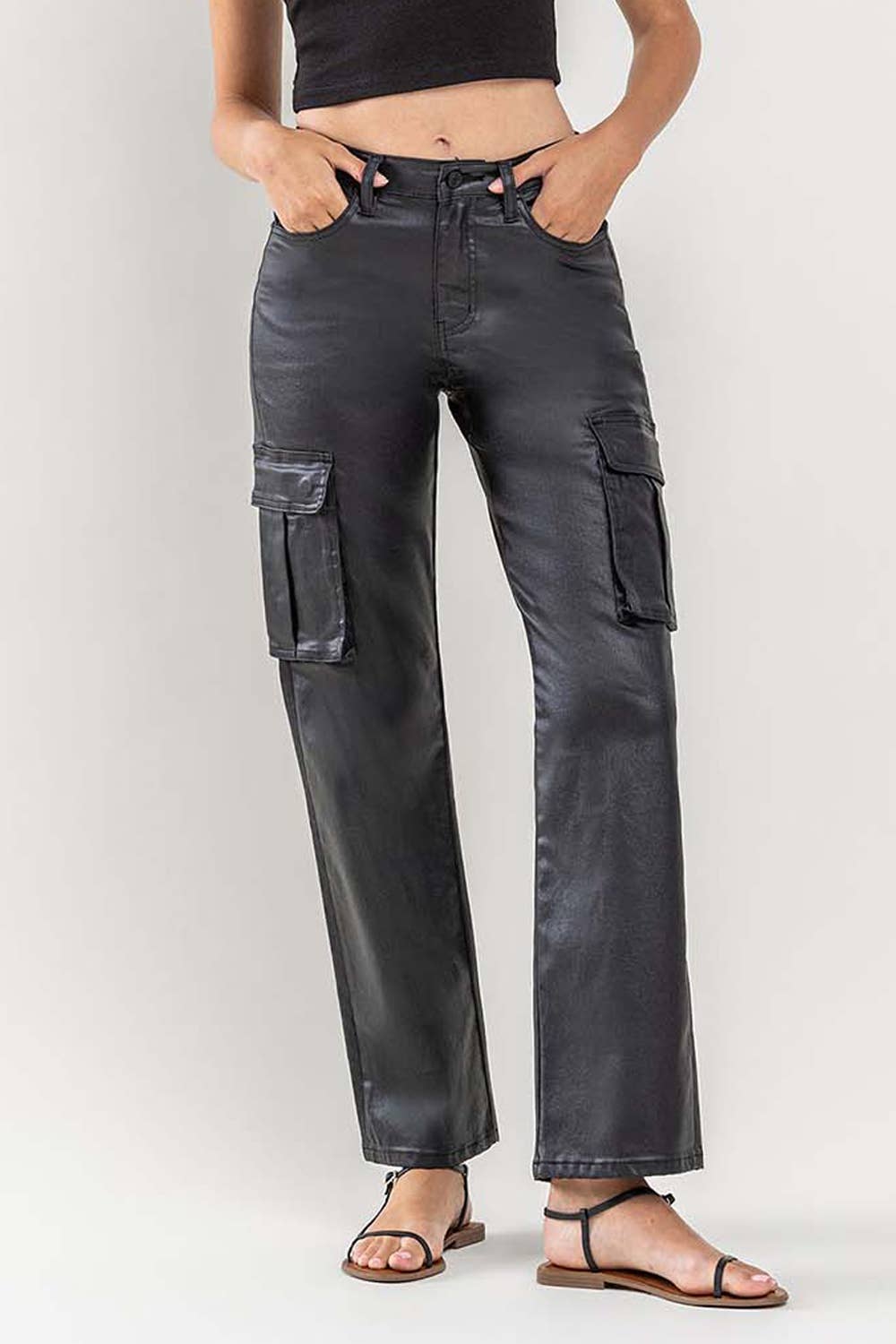 High Rise Coated Cargo Jeans