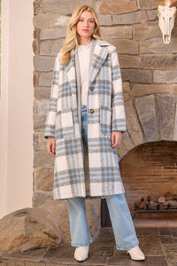 Fuzzy Plaid Long Coat in Ivory Mix