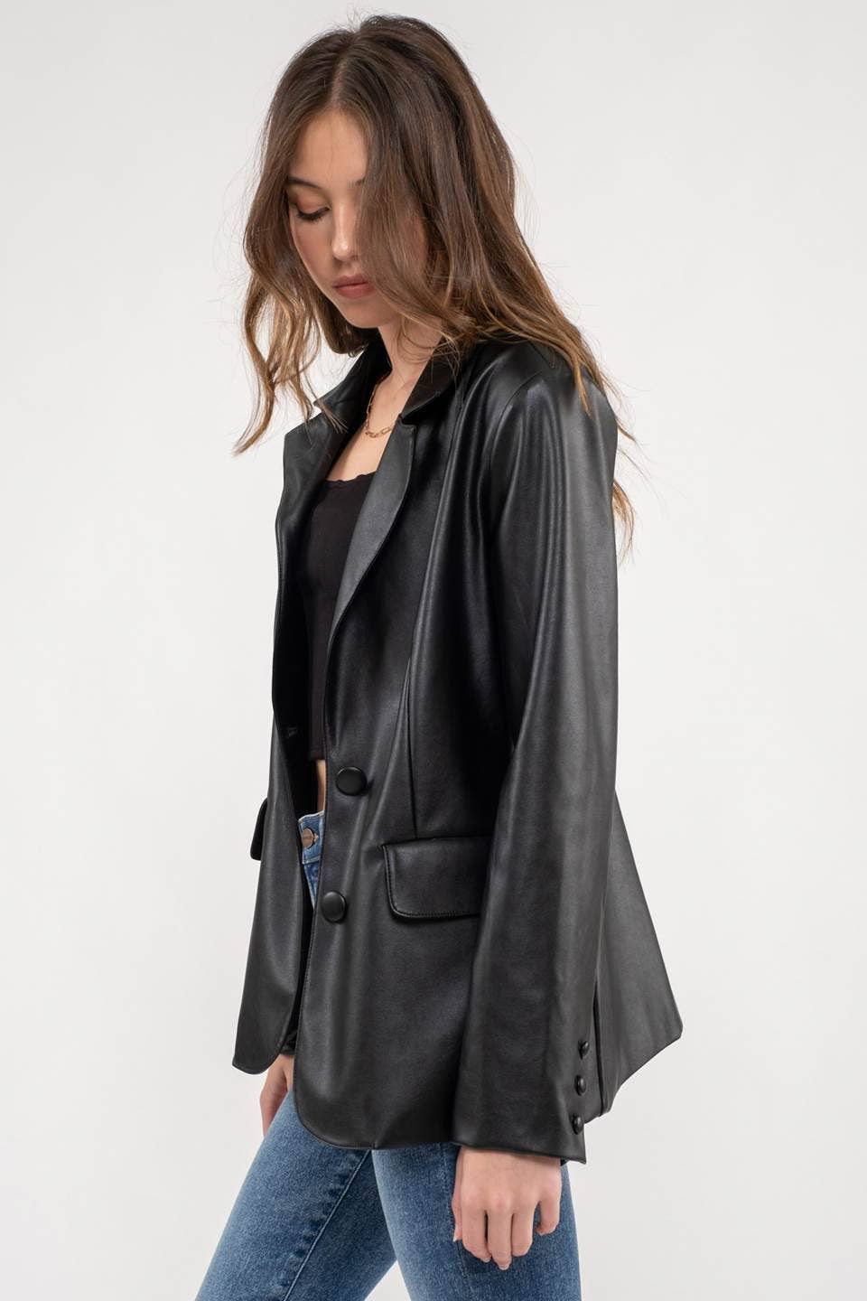 Notch Collar Faux Leather Blazer