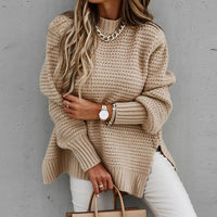 Slouchy Slit Hem Knit Pullover in Khaki