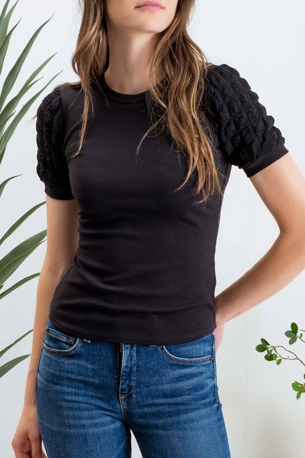 Popcorn Sleeve Knit Top in Black