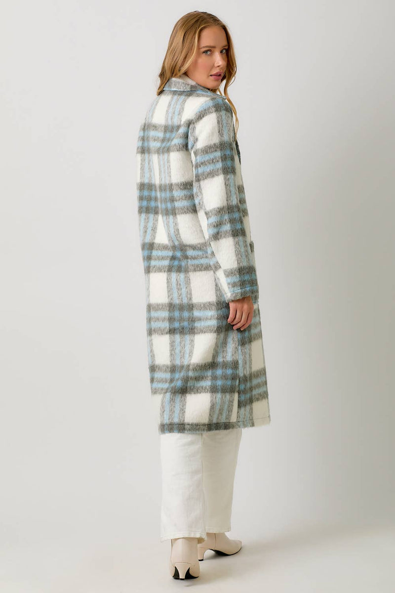 Fuzzy Plaid Long Coat in Ivory Mix