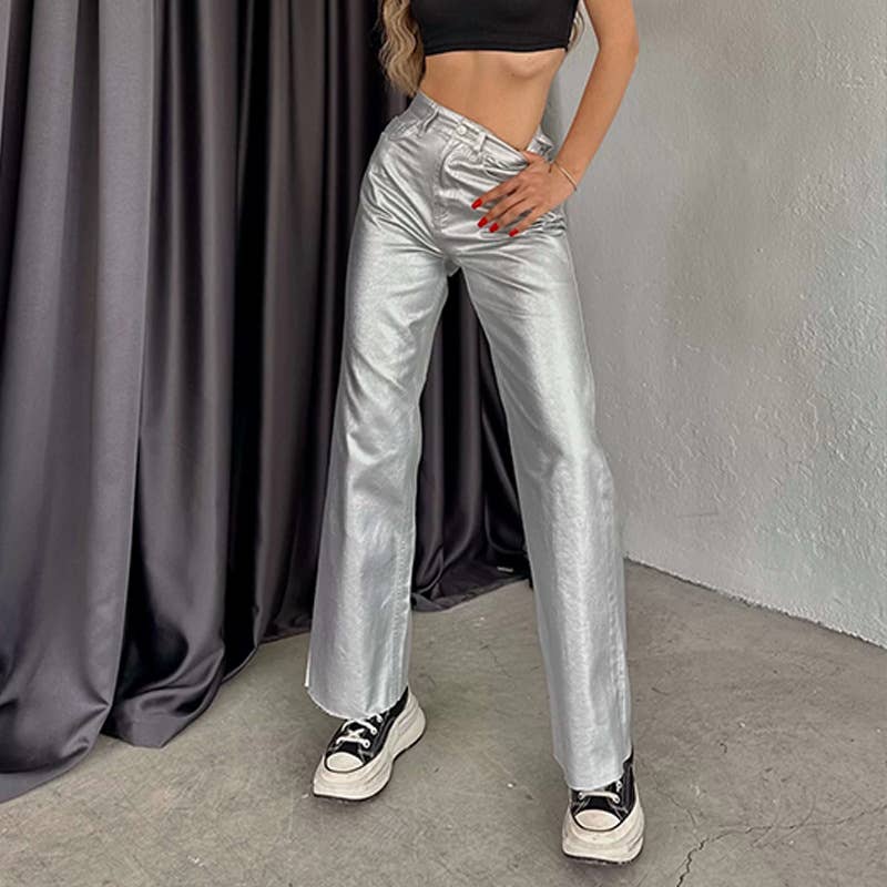 Metallic High Rise Pant in Silver