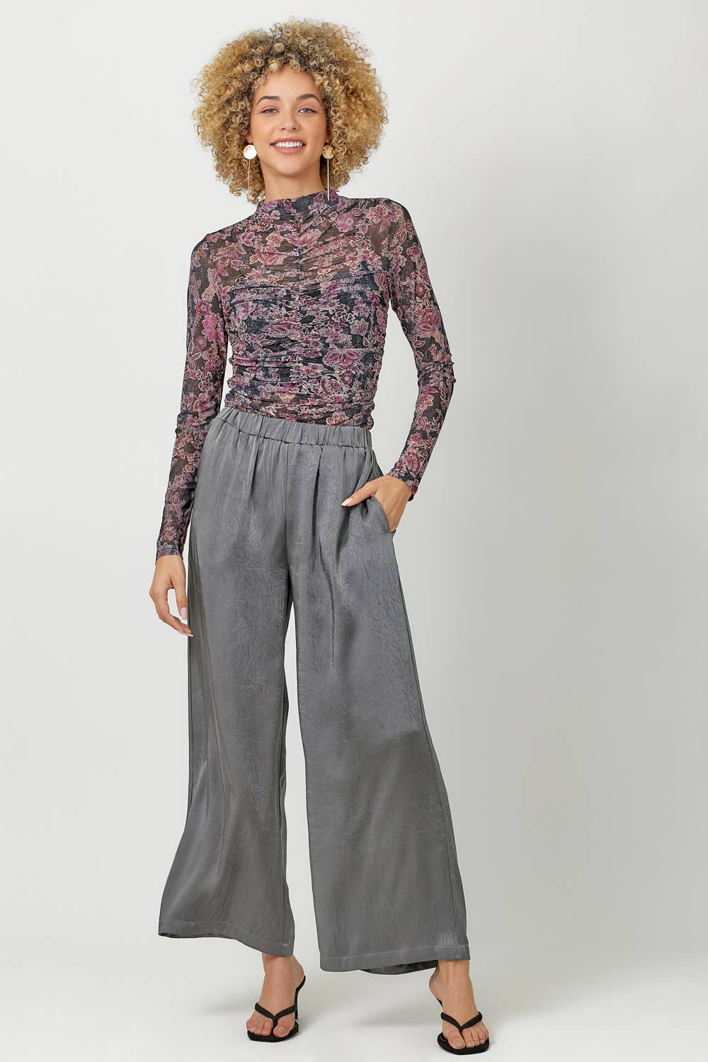 Crinkle Satin Pull-On Pants in Charcoal