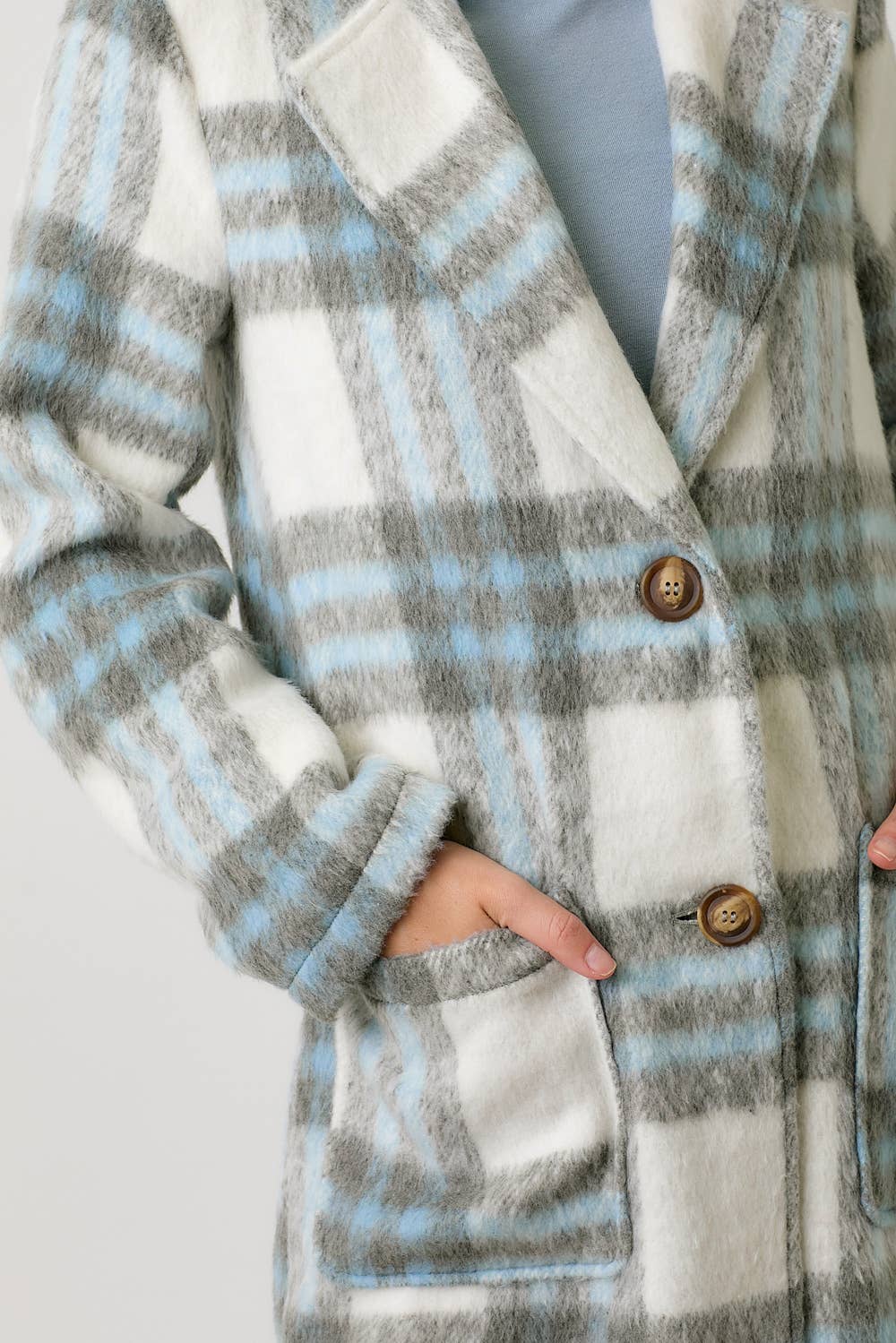 Fuzzy Plaid Long Coat in Ivory Mix