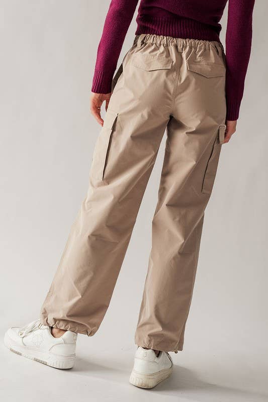 Khaki Half Elastic Waistband Cargo Pants