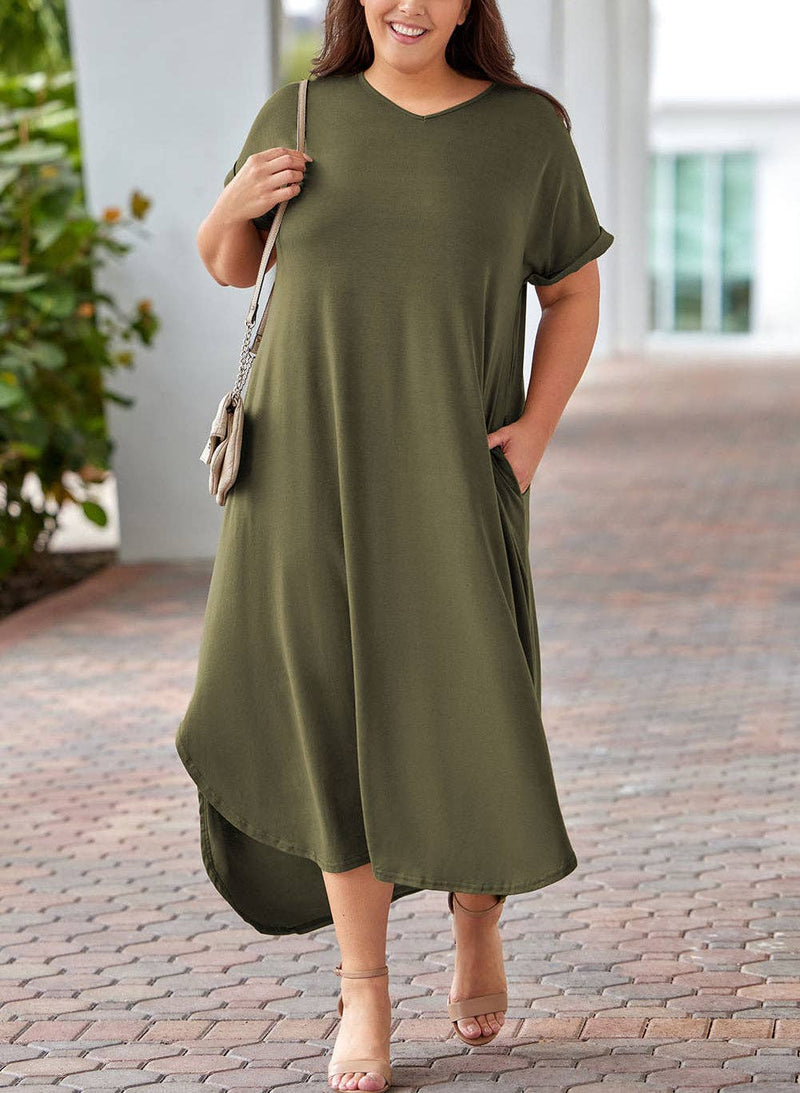 Plus Size Rolled Cuffs Maxi Dress in Green