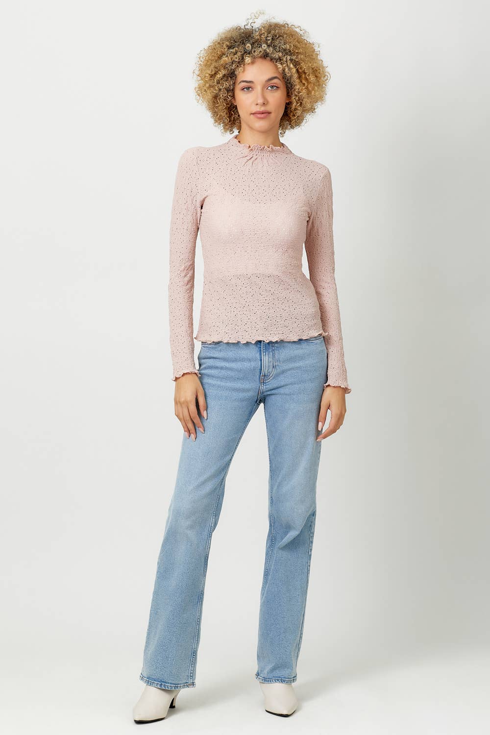 Lettuce Edge Textured Knit Top in Milky Rose