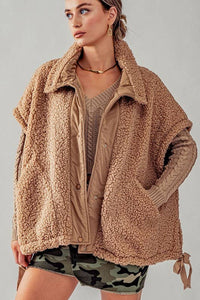 Button Up Teddy Fleece Vest in Taupe