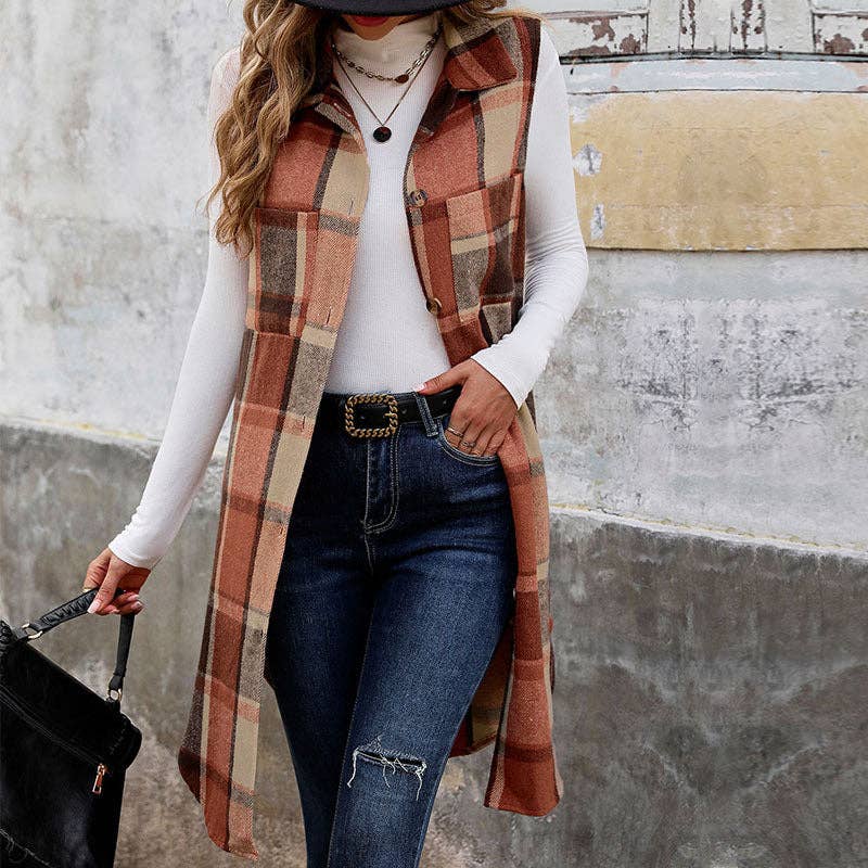 Retro Plaid Vest in Orange & Coffee