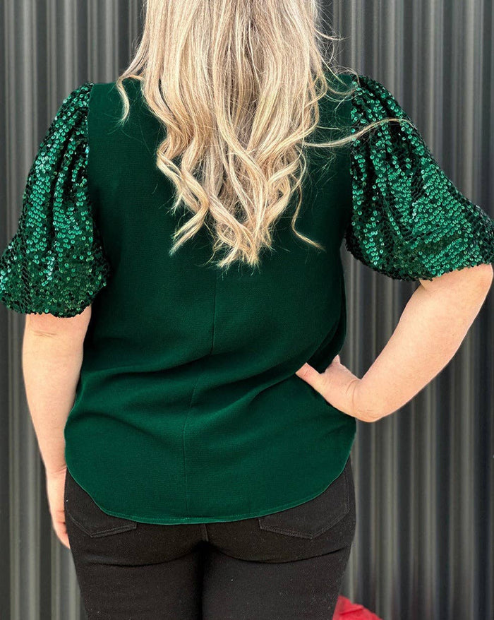 Sequin Short Sleeve Plus Size Top in Green