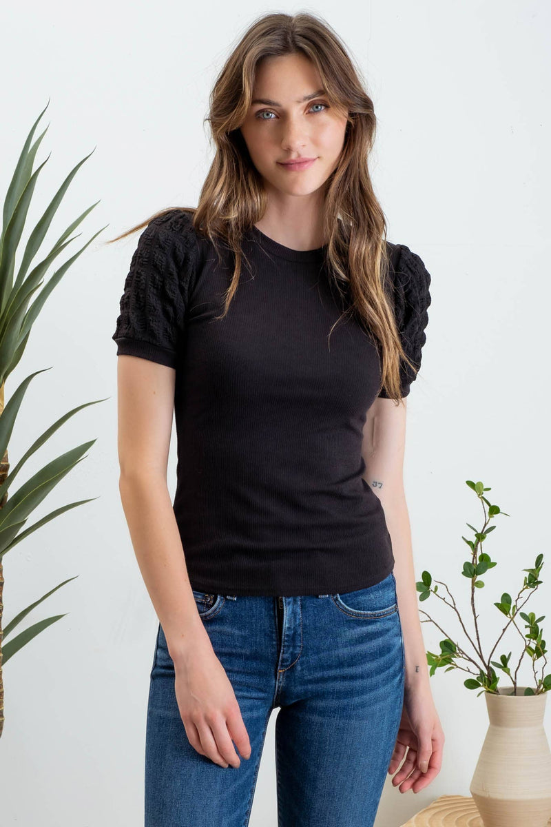 Popcorn Sleeve Knit Top in Black