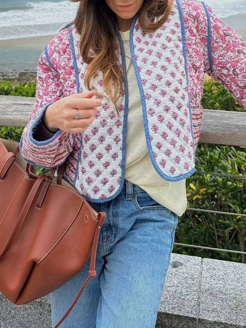 Reversible Floral Quilted Jacket in Blue and Pink