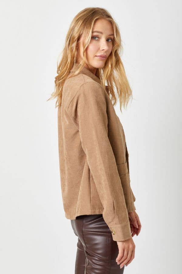 Suede Button Down Shacket in Latte