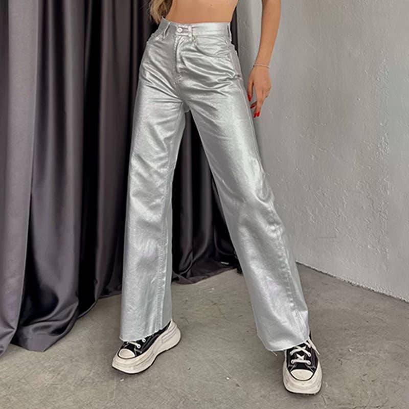 Metallic High Rise Pant in Silver