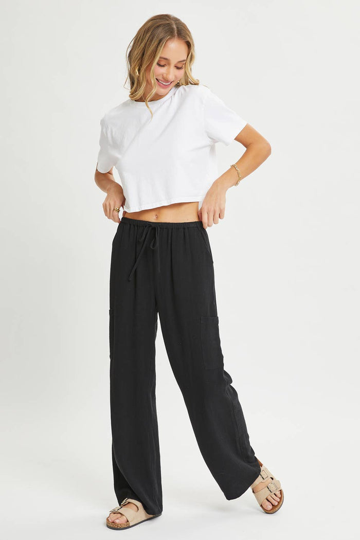 Linen Pull On Pants in Black