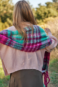 Magenta Mint Fuzzy Plaid Long Wrap Scarf