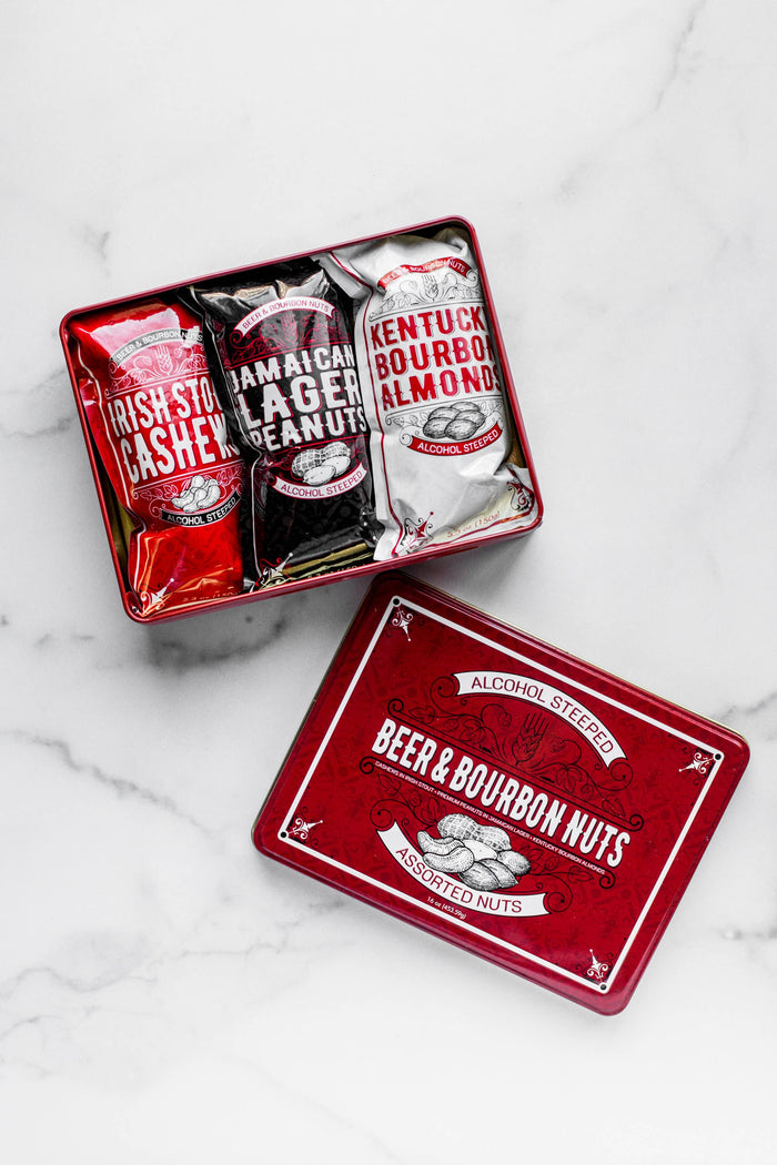 Beer and Bourbon Liquor Nuts Gourmet Gift Tin