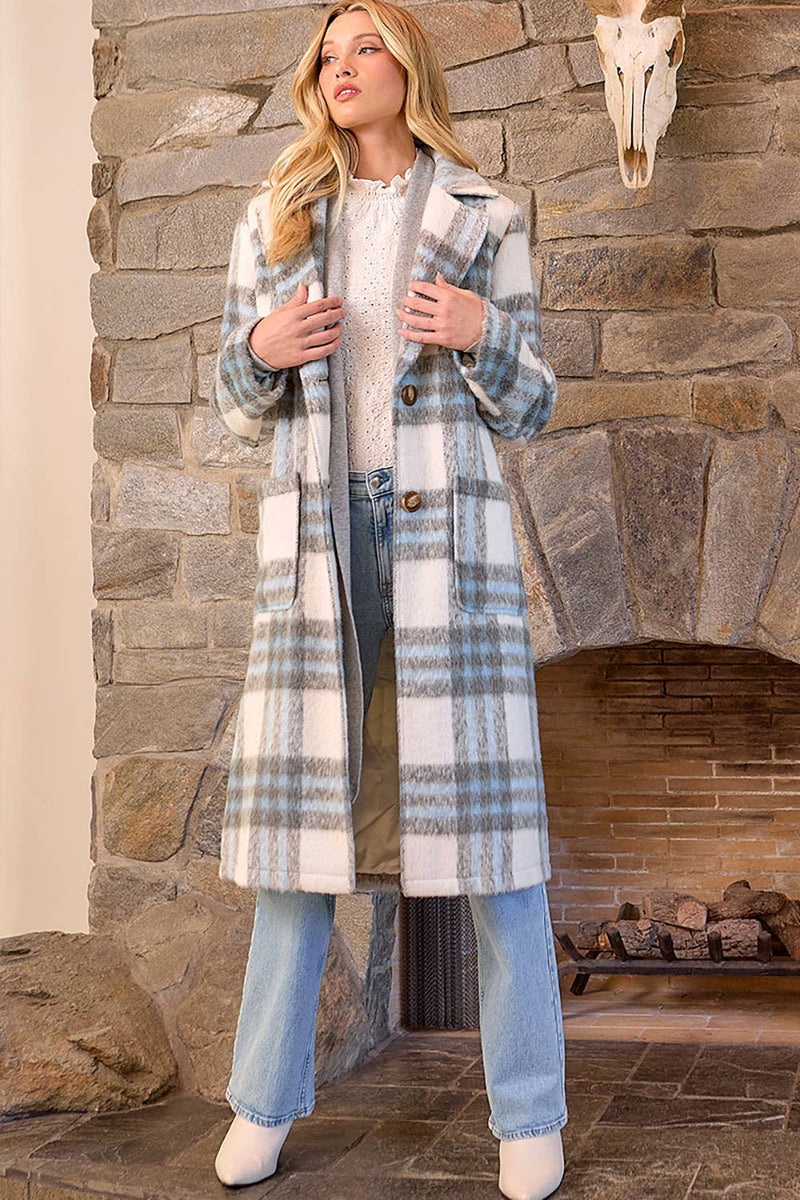 Fuzzy Plaid Long Coat in Ivory Mix