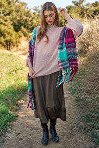 Magenta Mint Fuzzy Plaid Long Wrap Scarf