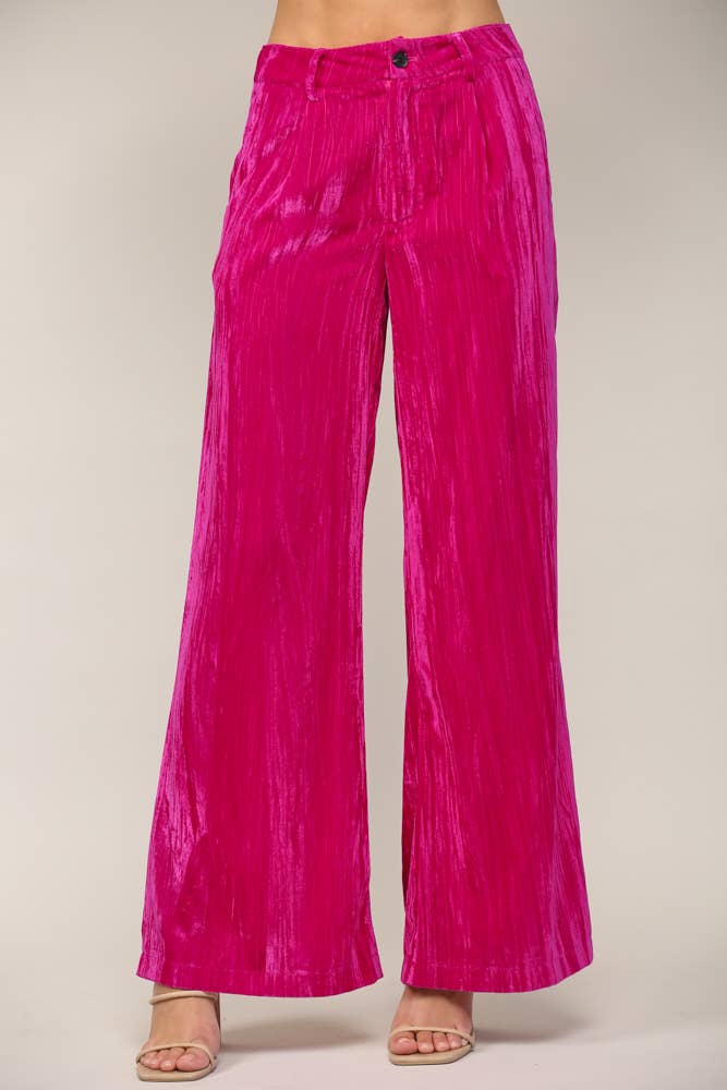 Velvet Wide Leg Pants in Hot Pink