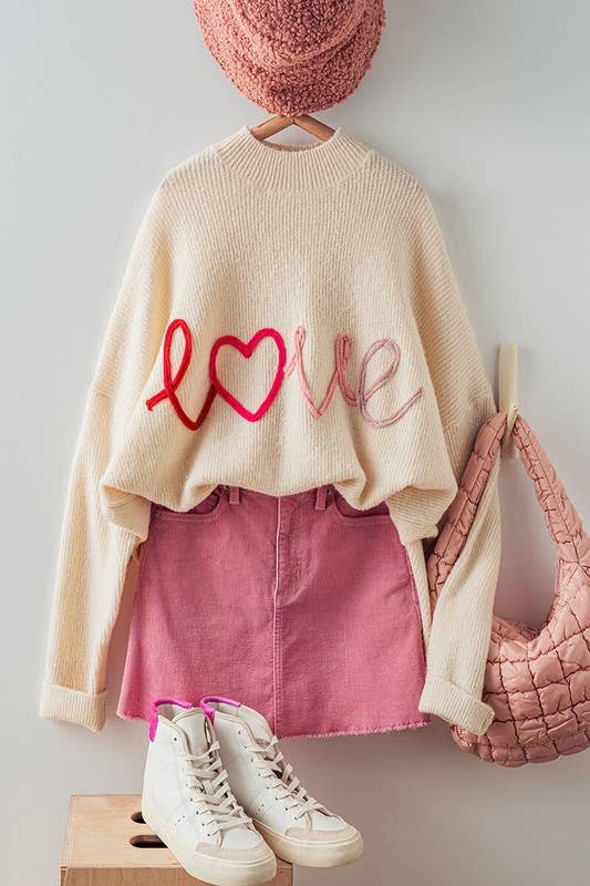 Cream Oversized Love Embroidery Rib Knit Sweater