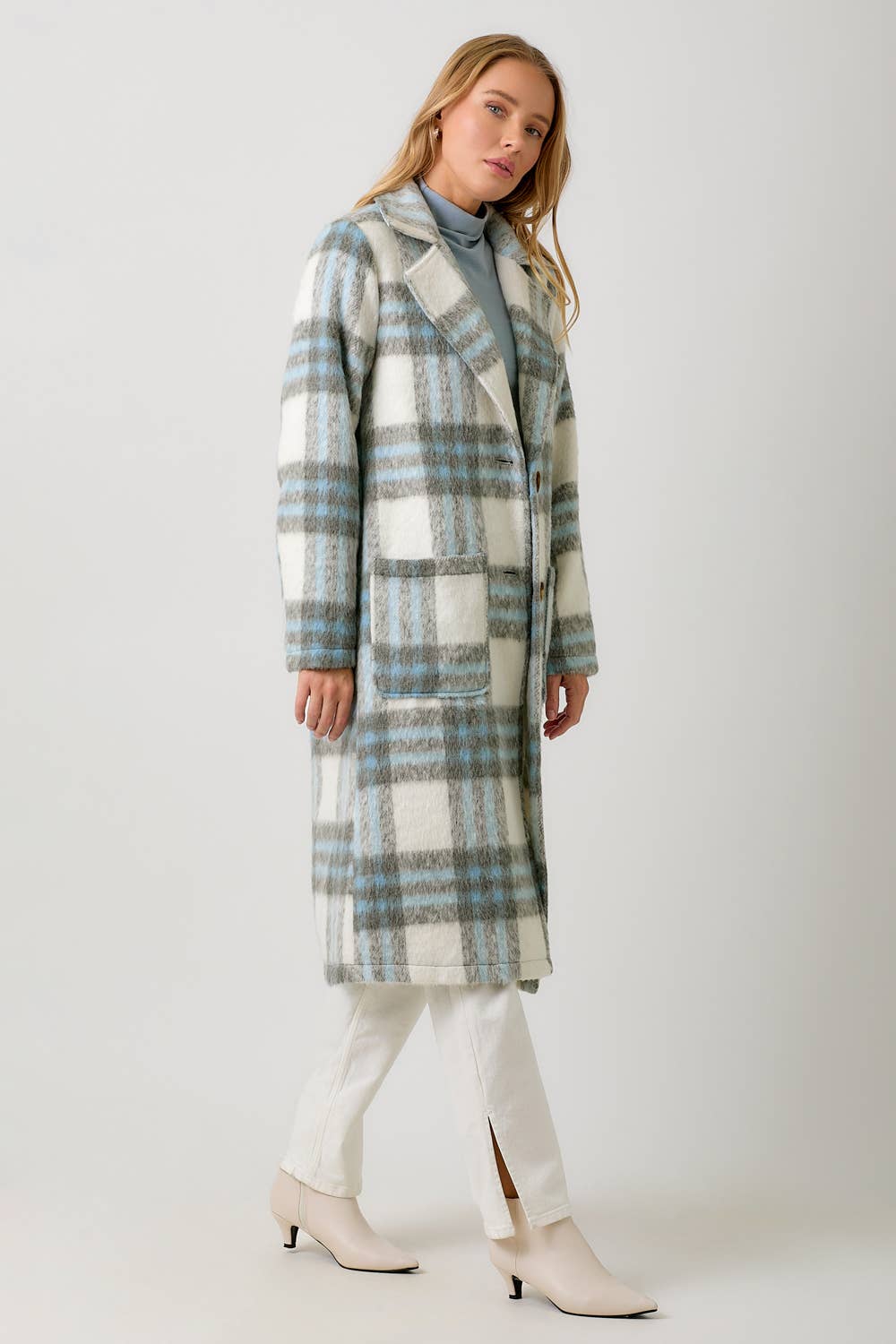 Fuzzy Plaid Long Coat in Ivory Mix