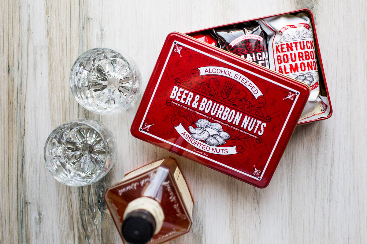 Beer and Bourbon Liquor Nuts Gourmet Gift Tin