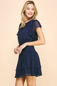 Chiffon Short Sleeve Mini Dress in Navy